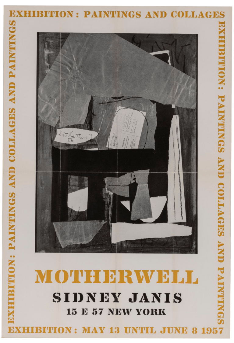 Exhibition poster for Motherwell: Paintings and Collages, 1957. Features an image of a Motherwell collage on a white background.