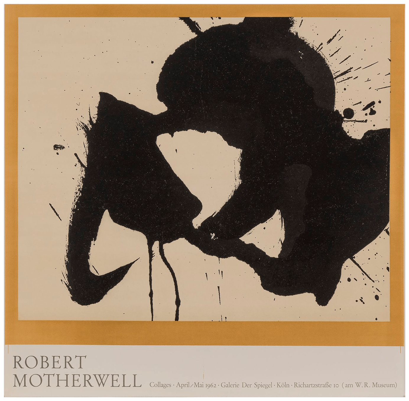 Exhibition poster for Robert Motherwell: Collages, 1962. Features a black ink drawing on an ochre background.