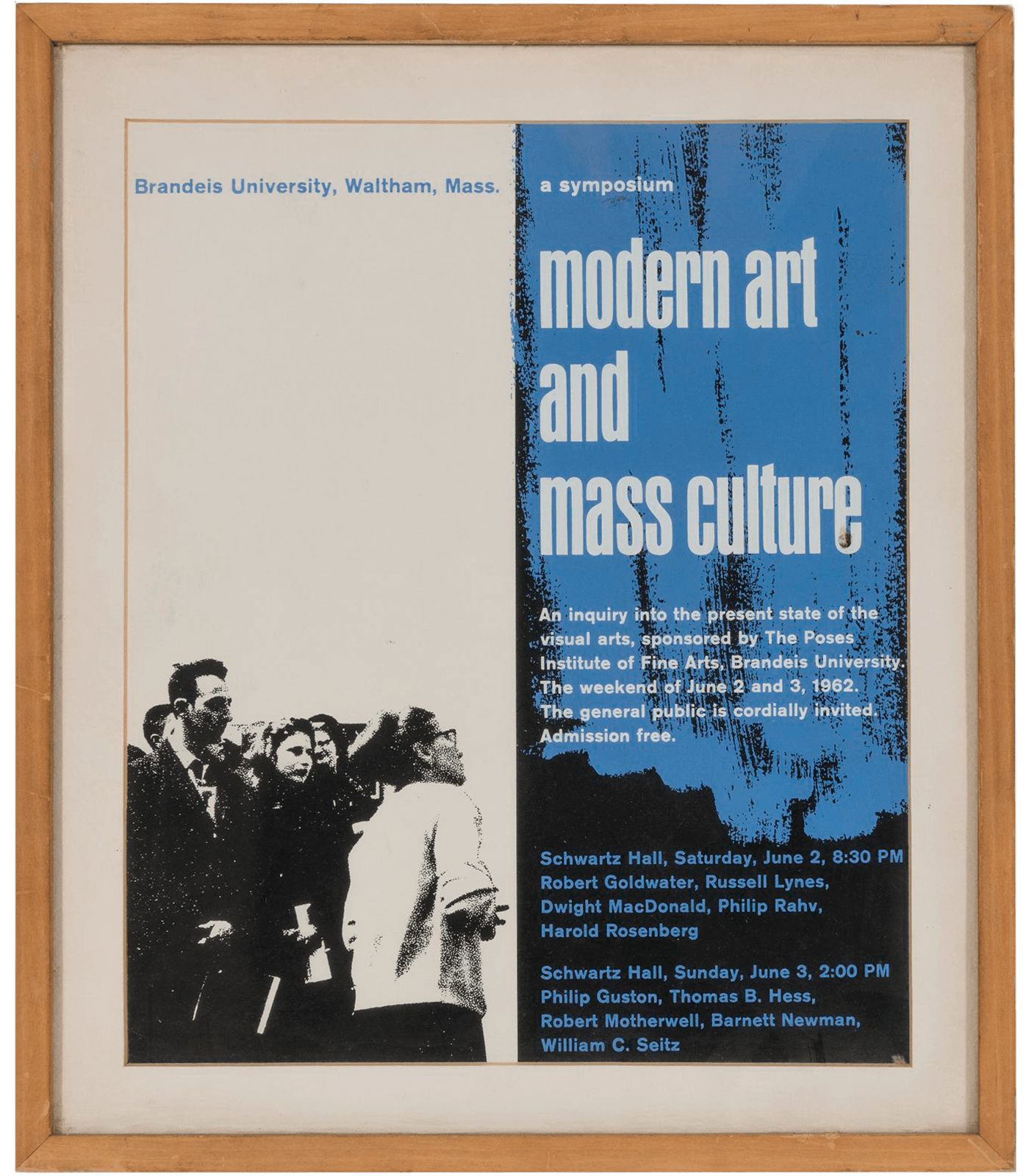 Flyer for the symposium Modern Art and Mass Culture, 1962. Features images in black, white, and blue.
