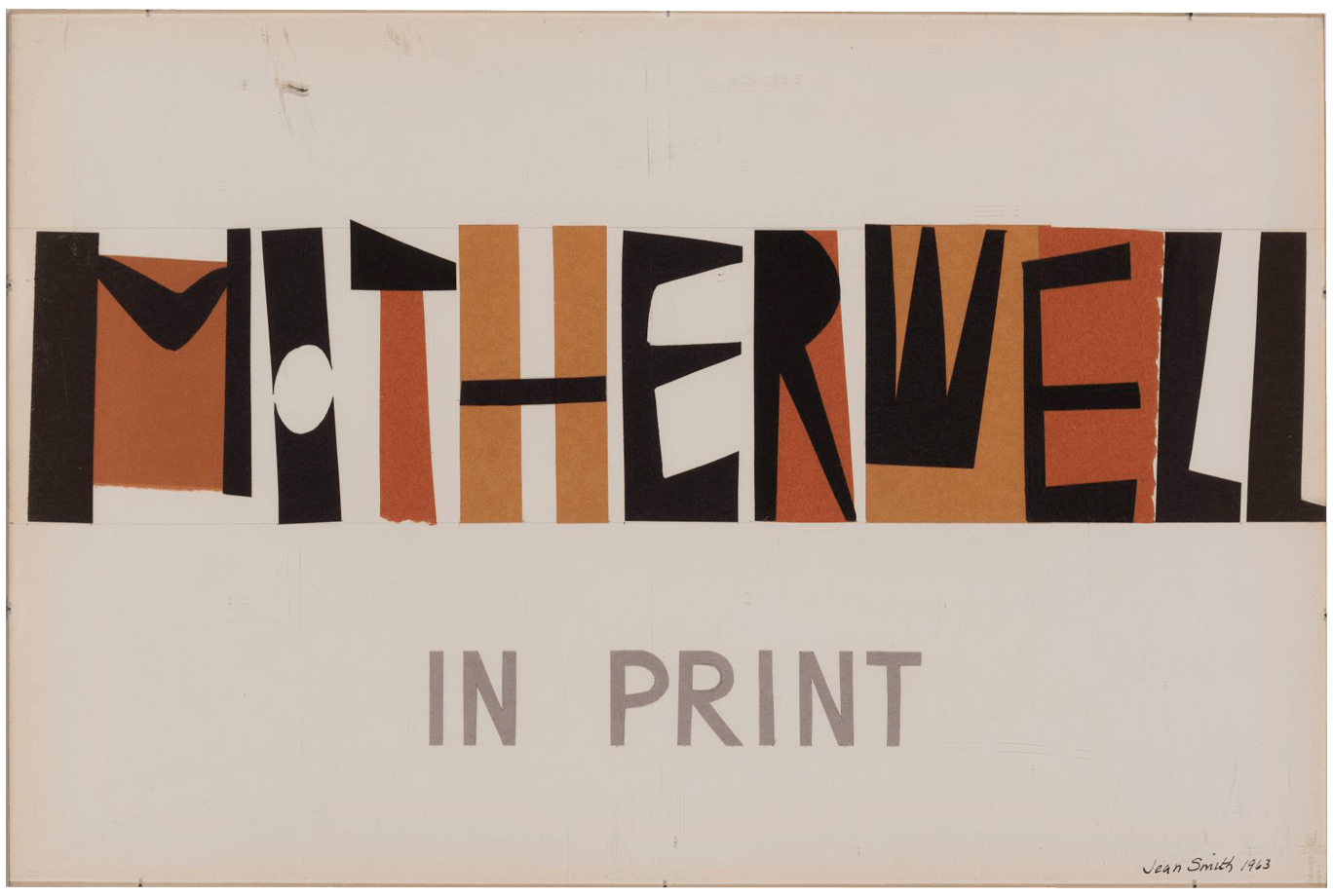 Motherwell in Print, 1963. Features a handmade cutout font in shades of orange and black on a white background.