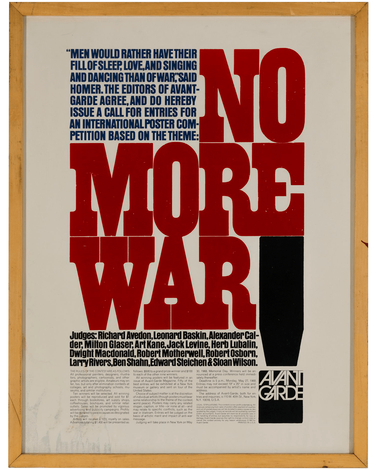Poster for No More War!, 1967. Features red, black, and dark blue text on a white background.