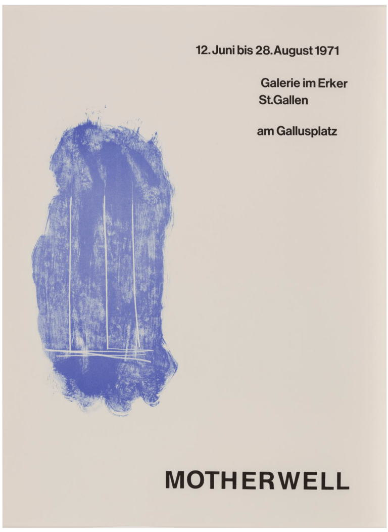 Exhibition poster for Robert Motherwell: Bilder und Collagen, 1967–1970, 1971. Features a work by Motherwell in blue on a white background.