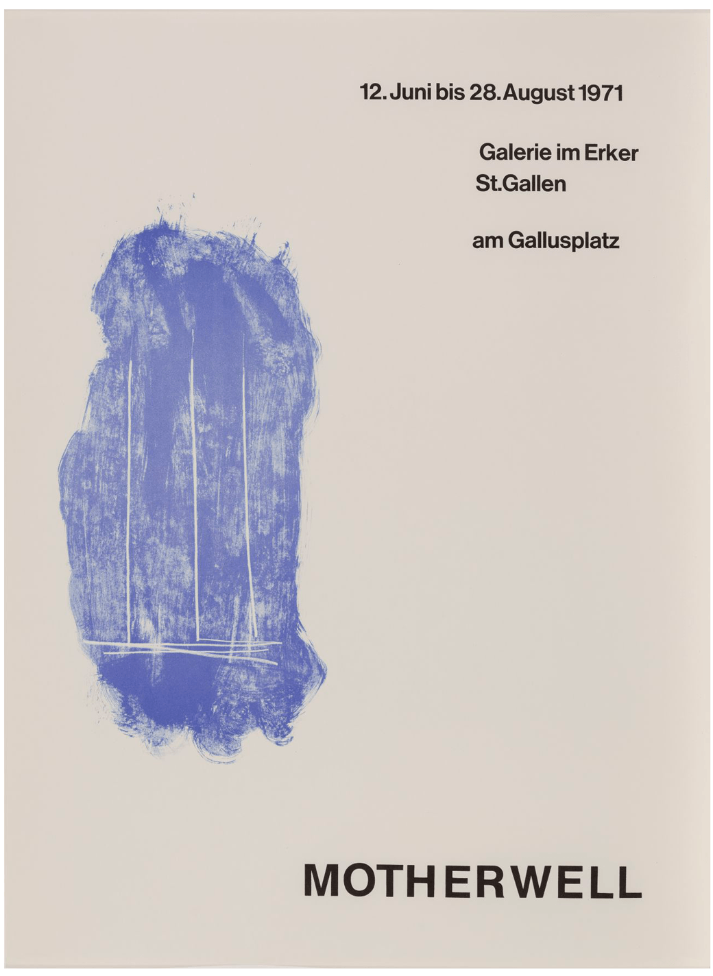 Exhibition poster for Robert Motherwell: Bilder und Collagen, 1967–1970, 1971. Features a work by Motherwell in blue on a white background.
