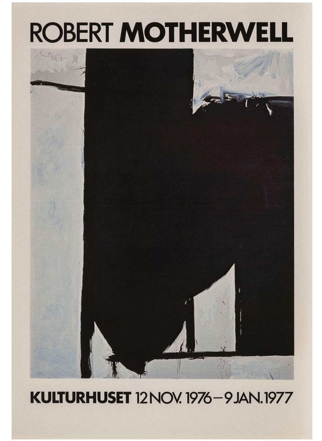 Exhibition poster for Robert Motherwell, 1977. Features bold black text and an image of a Motherwell painting on an off-white background.