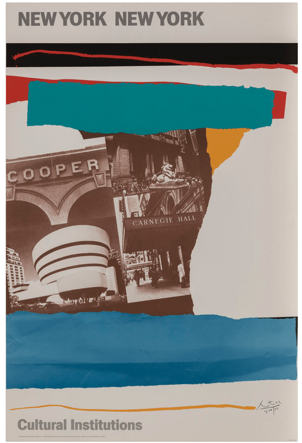 Poster for New York, New York Cultural Institutions, 1983. Features a detail of a collage by Motherwell with images of New York City buildings.