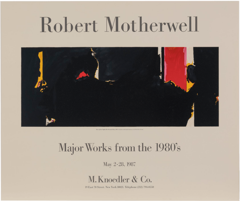Poster for the exhibition Robert Motherwell: Major Works from the '80s, 1987. Features gray text and an image of Motherwell's painting "Face of the Night (for Octavio Paz)" on an off-white background.