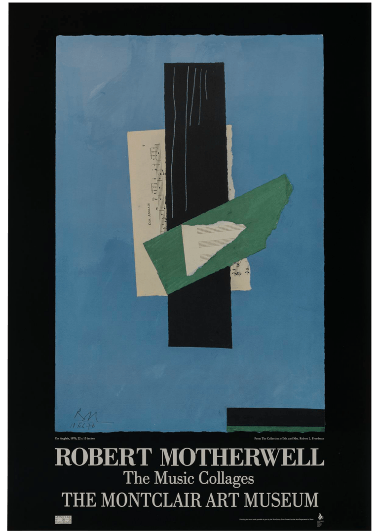Poster for the exhibition Robert Motherwell: The Music Collages, 1989. Features white text and Motherwell's collage "Cor Anglais" on a black background.