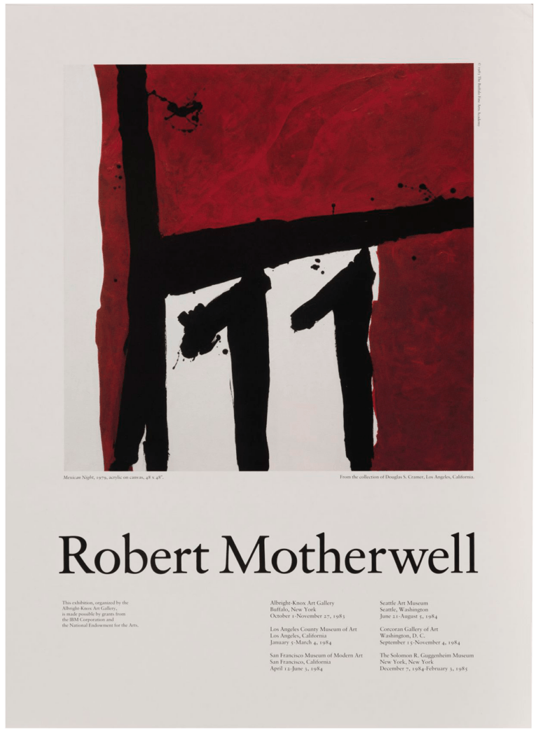 Poster the retrospective exhibition Robert Motherwell, 1983. Features Motherwell's painting "Mexican Night" on a white background.