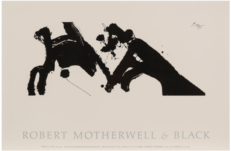 Poster for Robert Motherwell and Black, 1979. Features an abstract ink drawing and gray text on an off-white background.