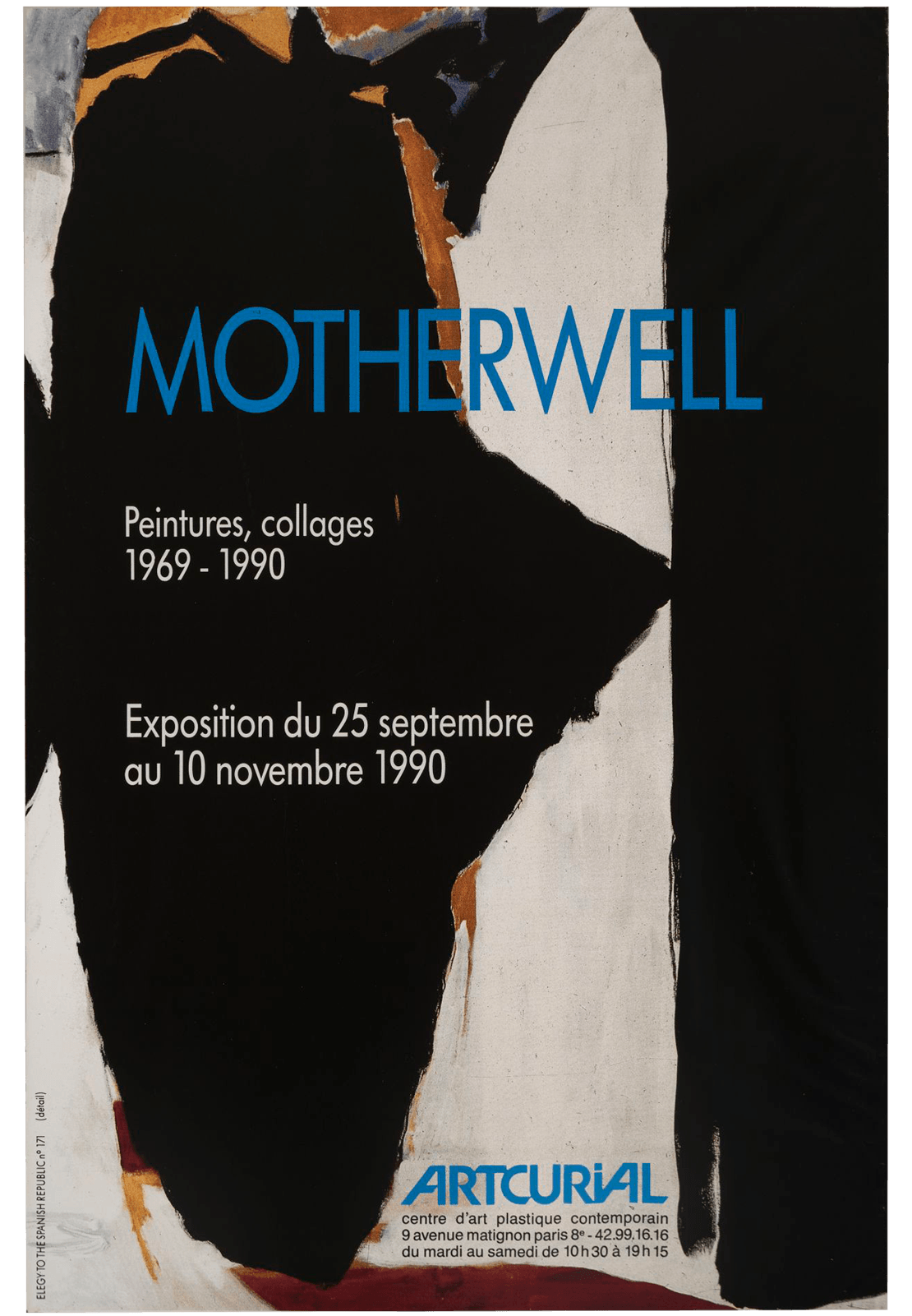 Artcurial Poster for Motherwell "Peintures Collages 1969-1990." Features blue and white text overlaid on a detail image of a Motherwell Elegy painting.