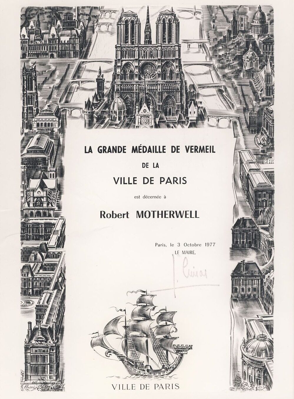 Certificate of La Grande Médaille de Vermeil received by Motherwell from the city of Paris, 1978