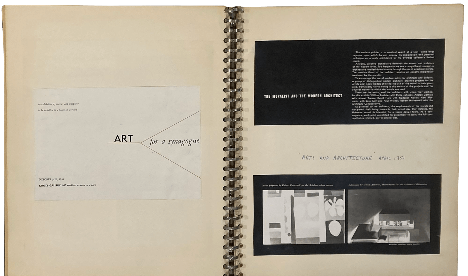 A page from a scrapbook by Robert Motherwell, featuring clippings from newspapers and magazines
