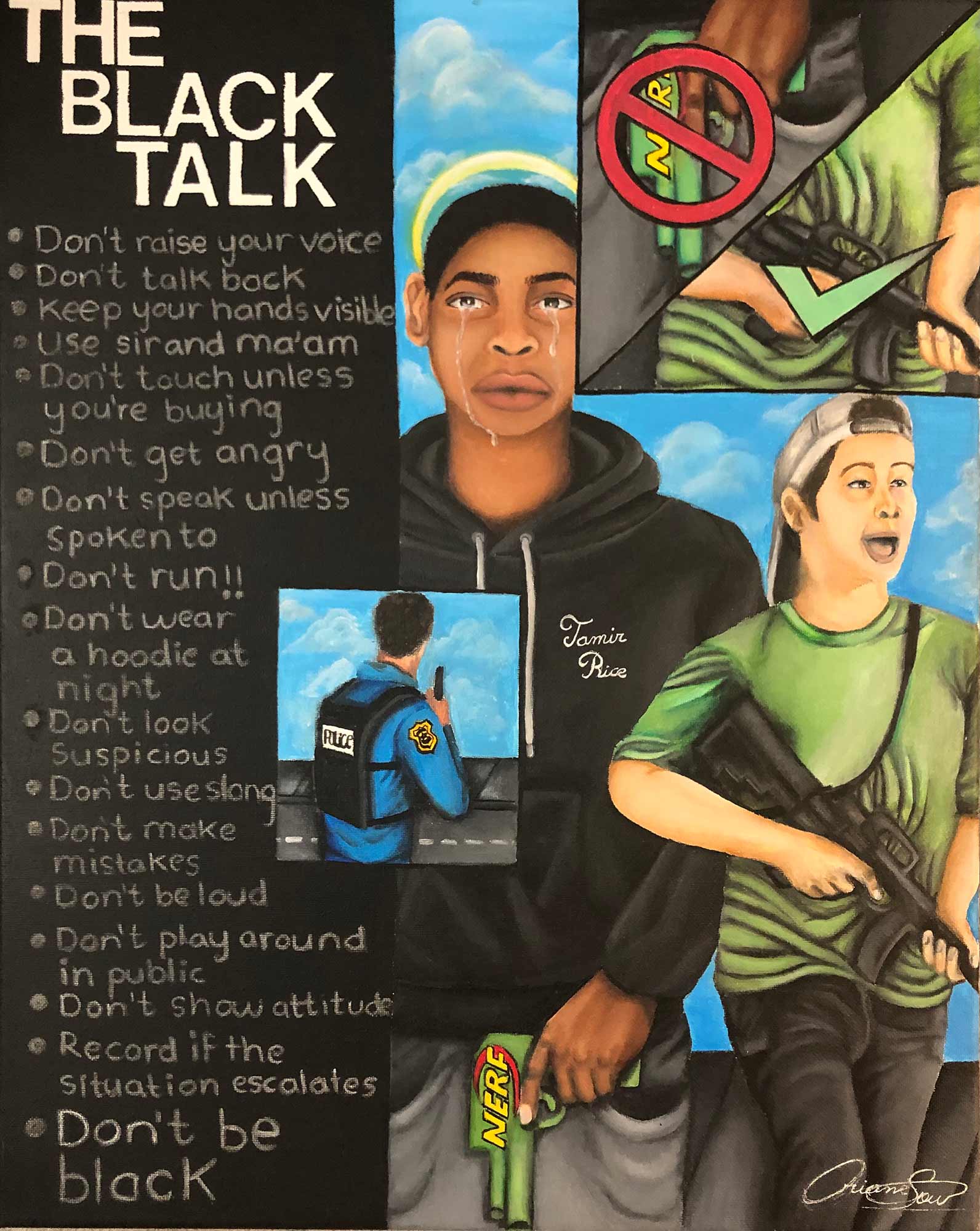 Portraits of Tamir Rice and Kyle Rittenhouse with a list titled "the black talk"