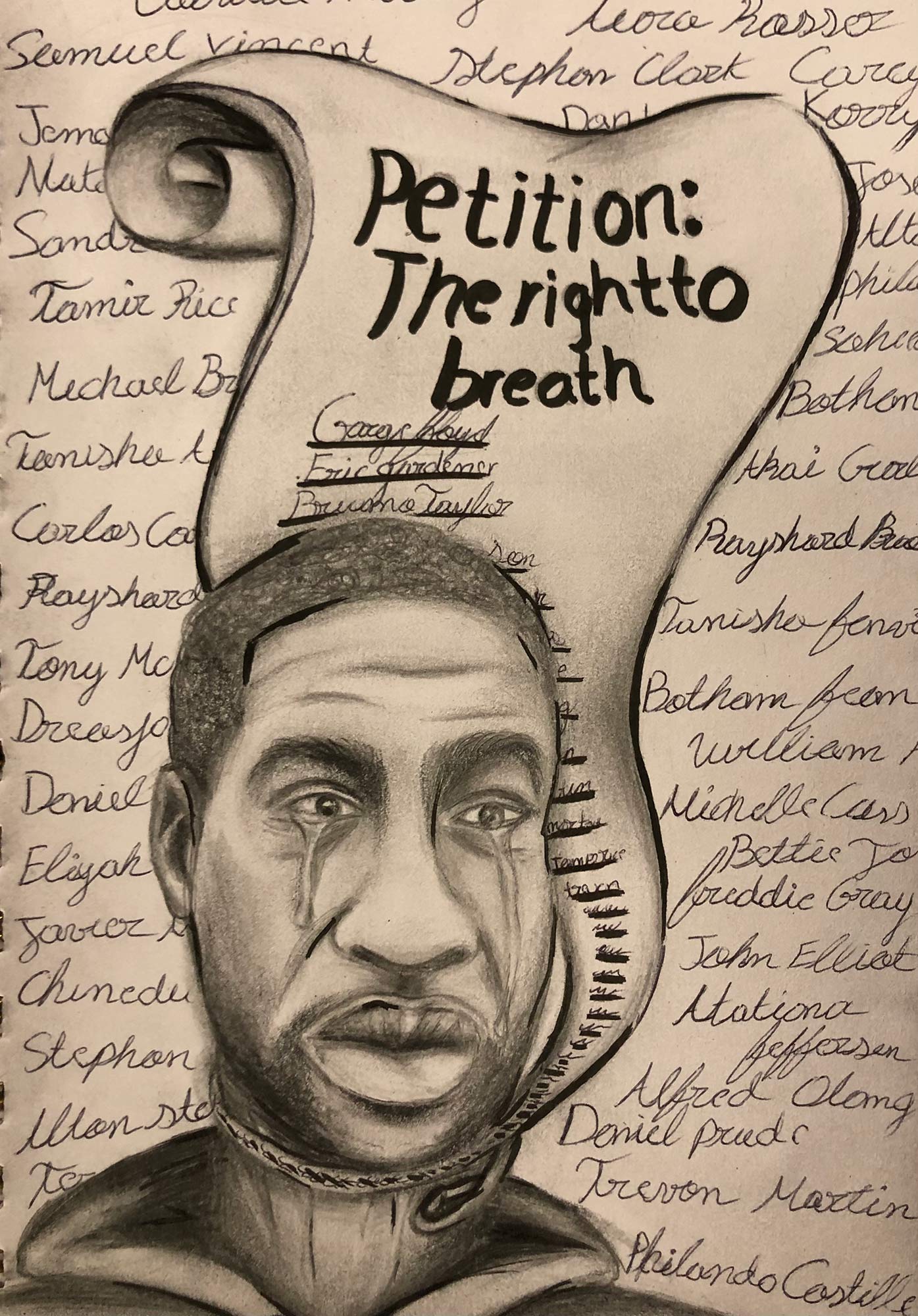 A drawing of George Floyd with a paper reading "Petition" The right to breath"