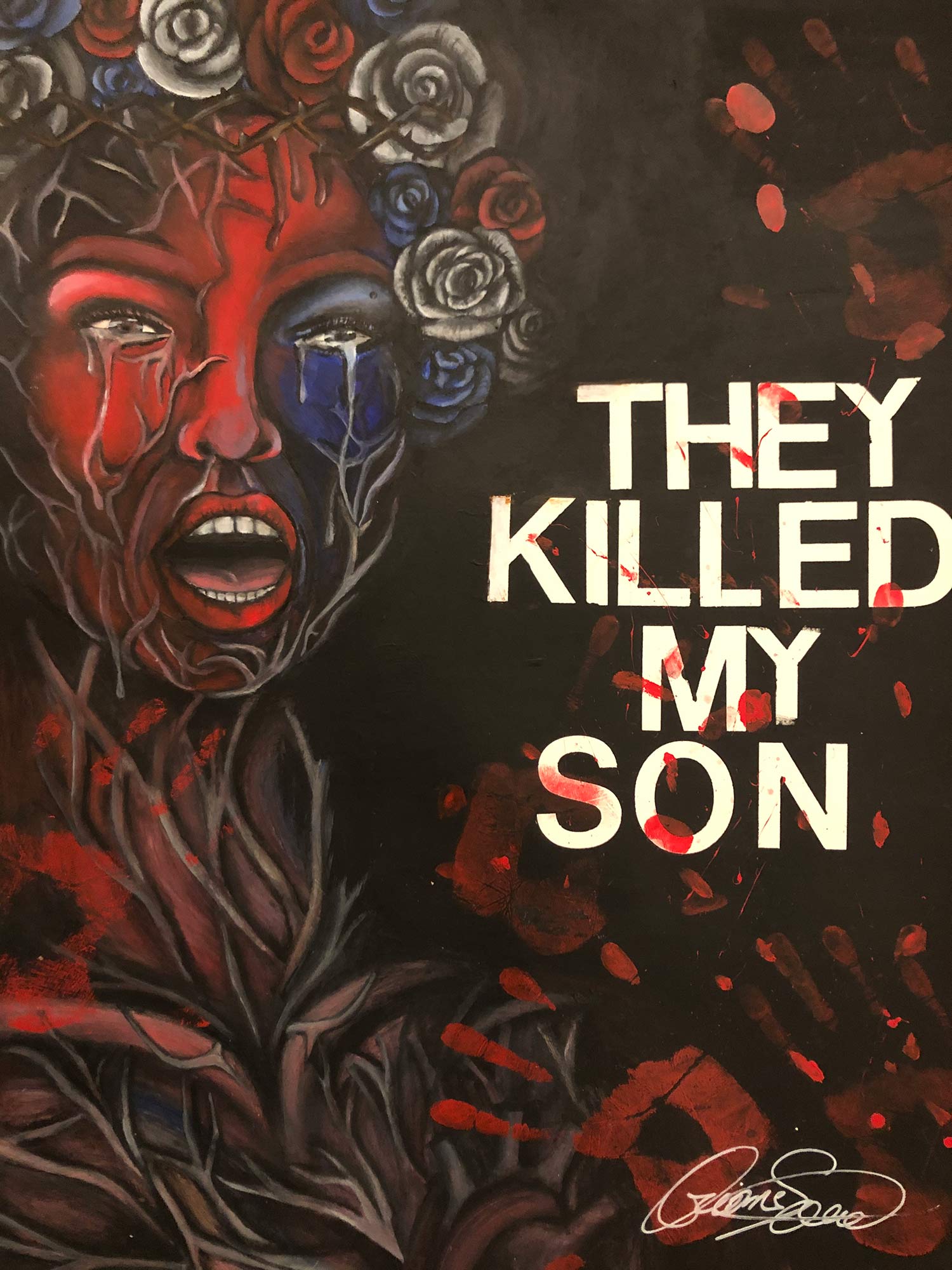 A paitning of a woman crying with the text "They killed my son"