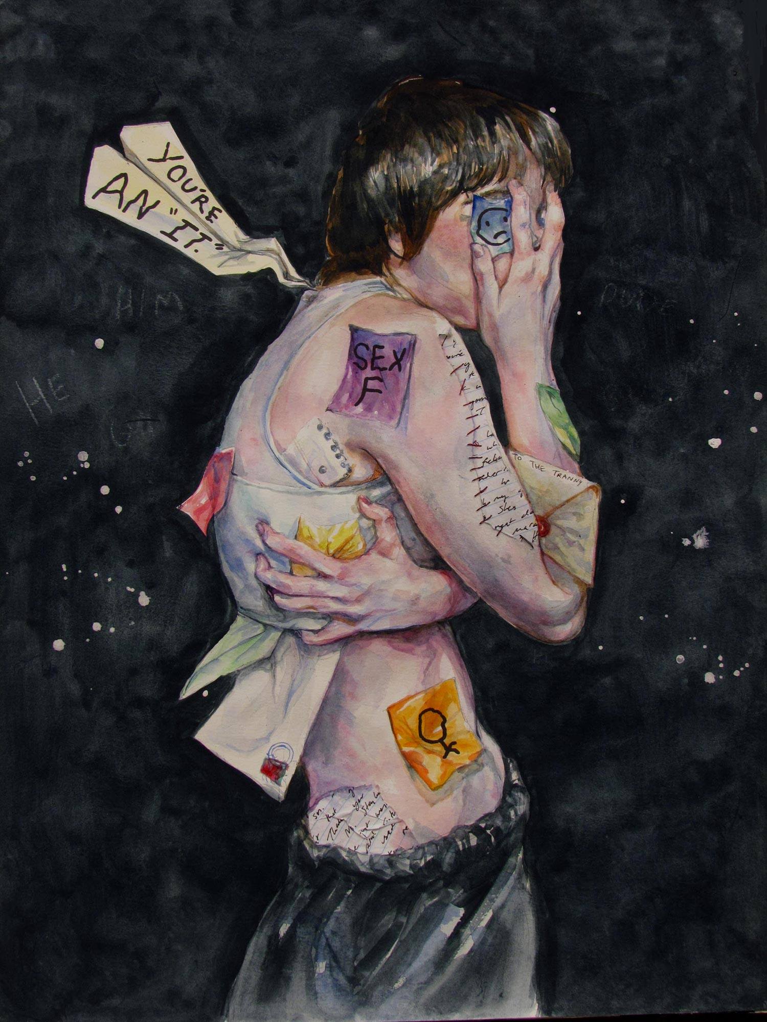 A painting of a young person with post it notes and messages attached to their body