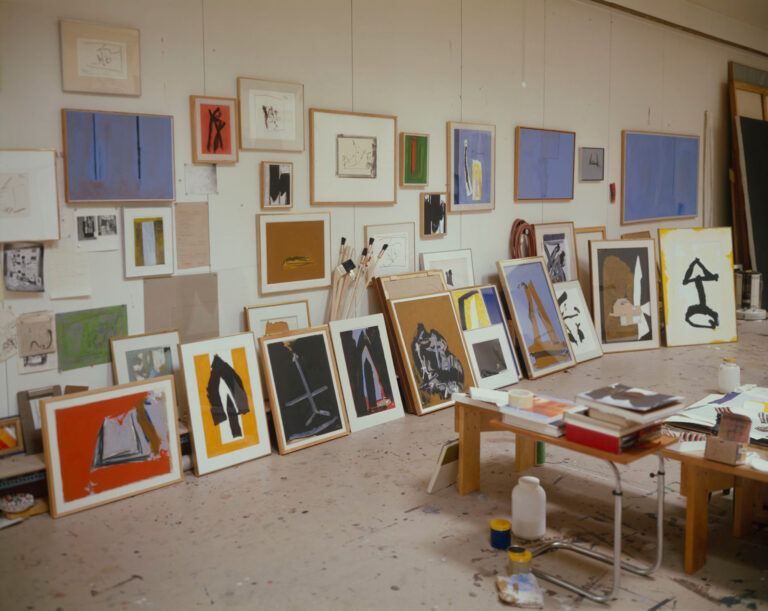 A group of framed paintings in Motherwell's studio