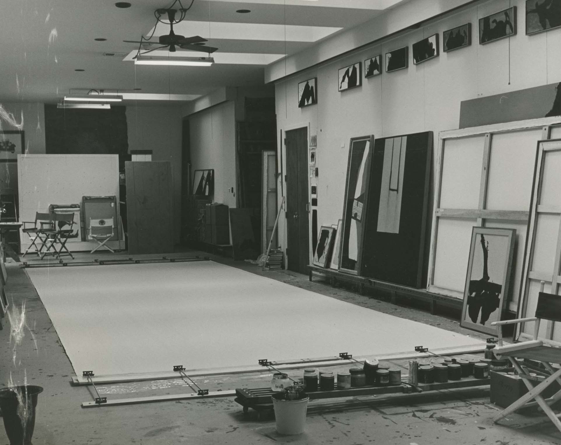 Motherwell’s Greenwich studio with stretched canvases leaning against the wall and a large canvas on the floor, 1974