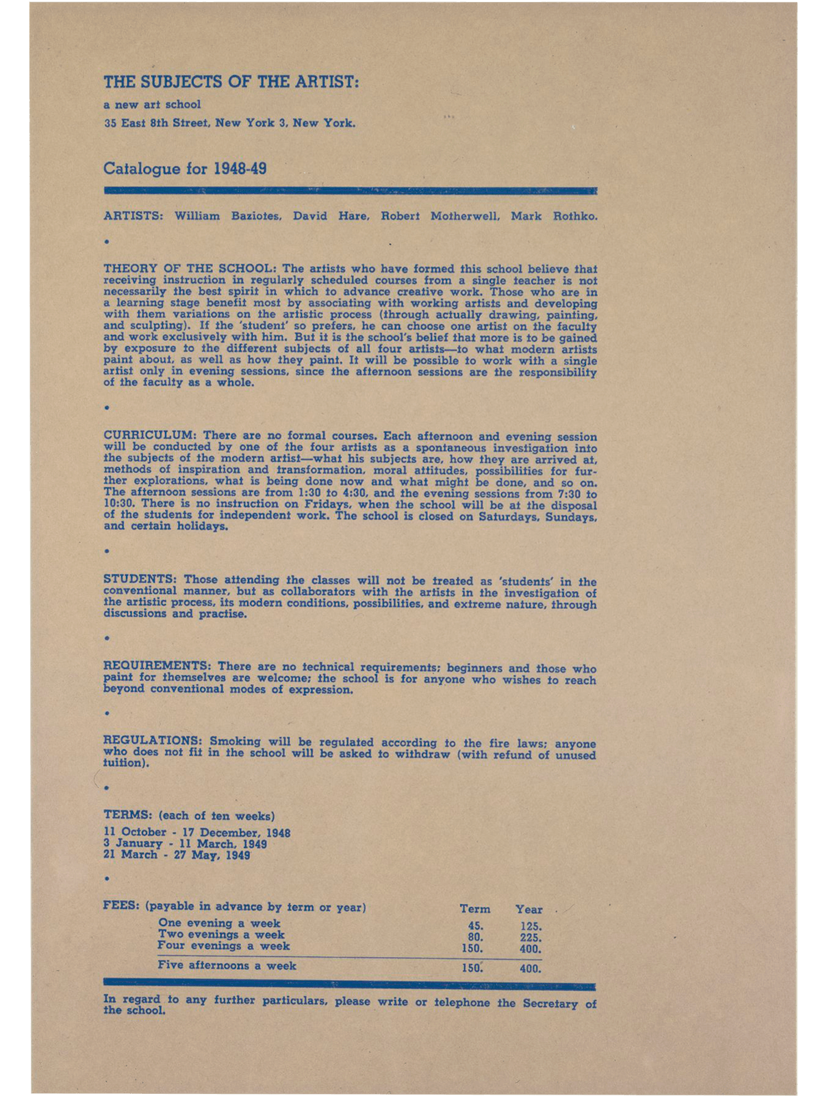 The Subjects of the Artist Poster, 1948. Features small blue text in paragraph form on a tan background.