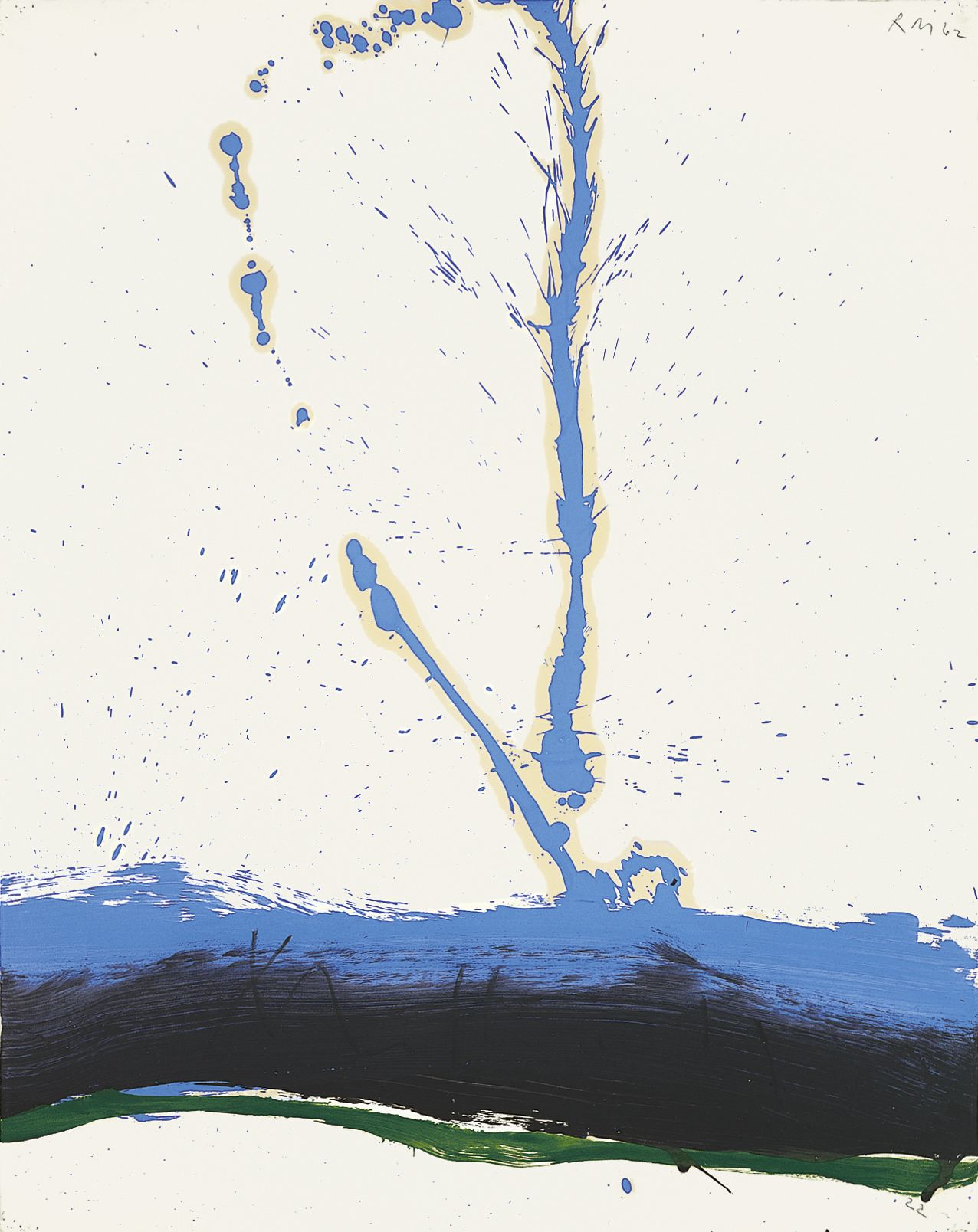 an abstract painting with splattered blue paint on a white ground