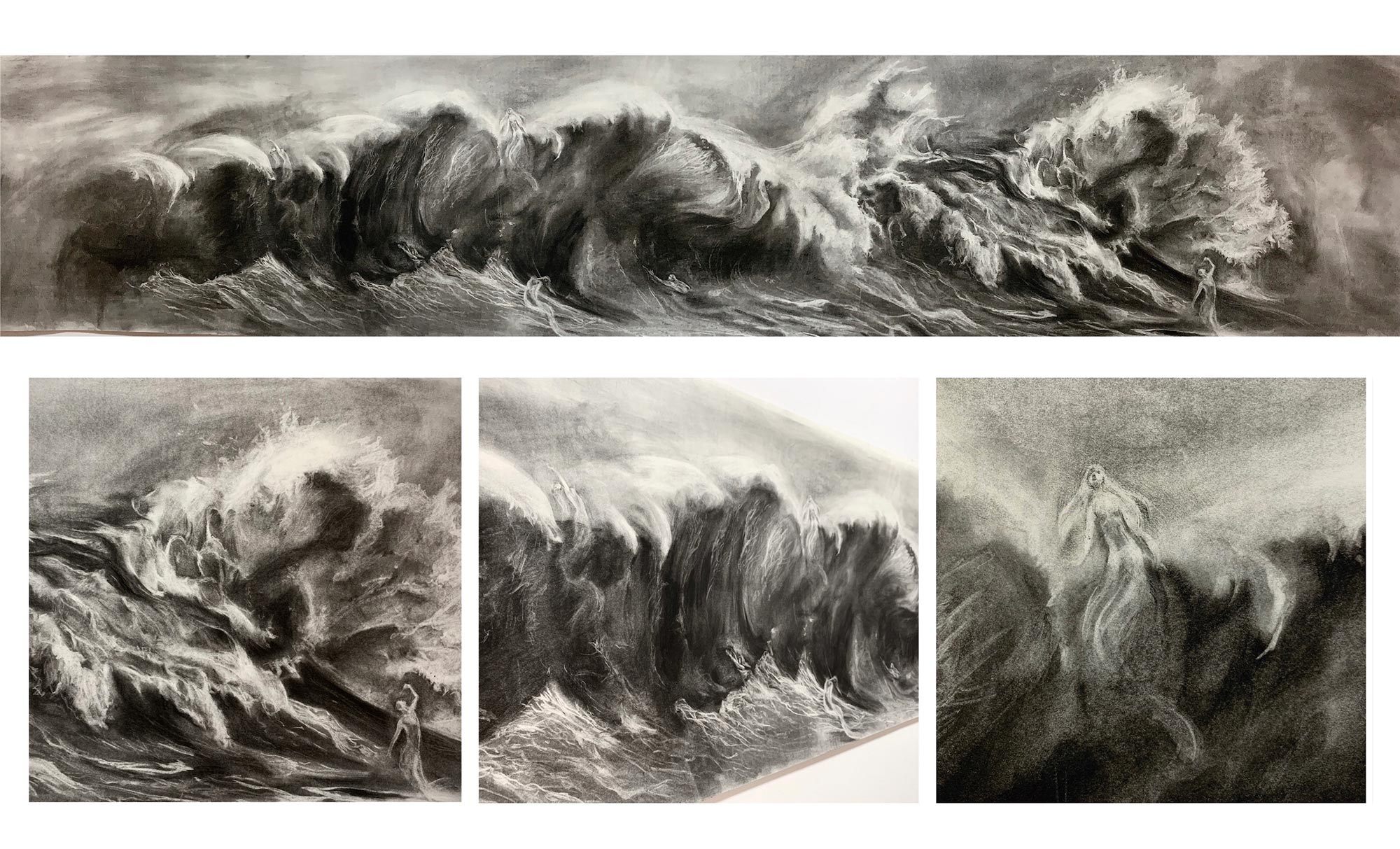 Four charcoal drawings of the sea