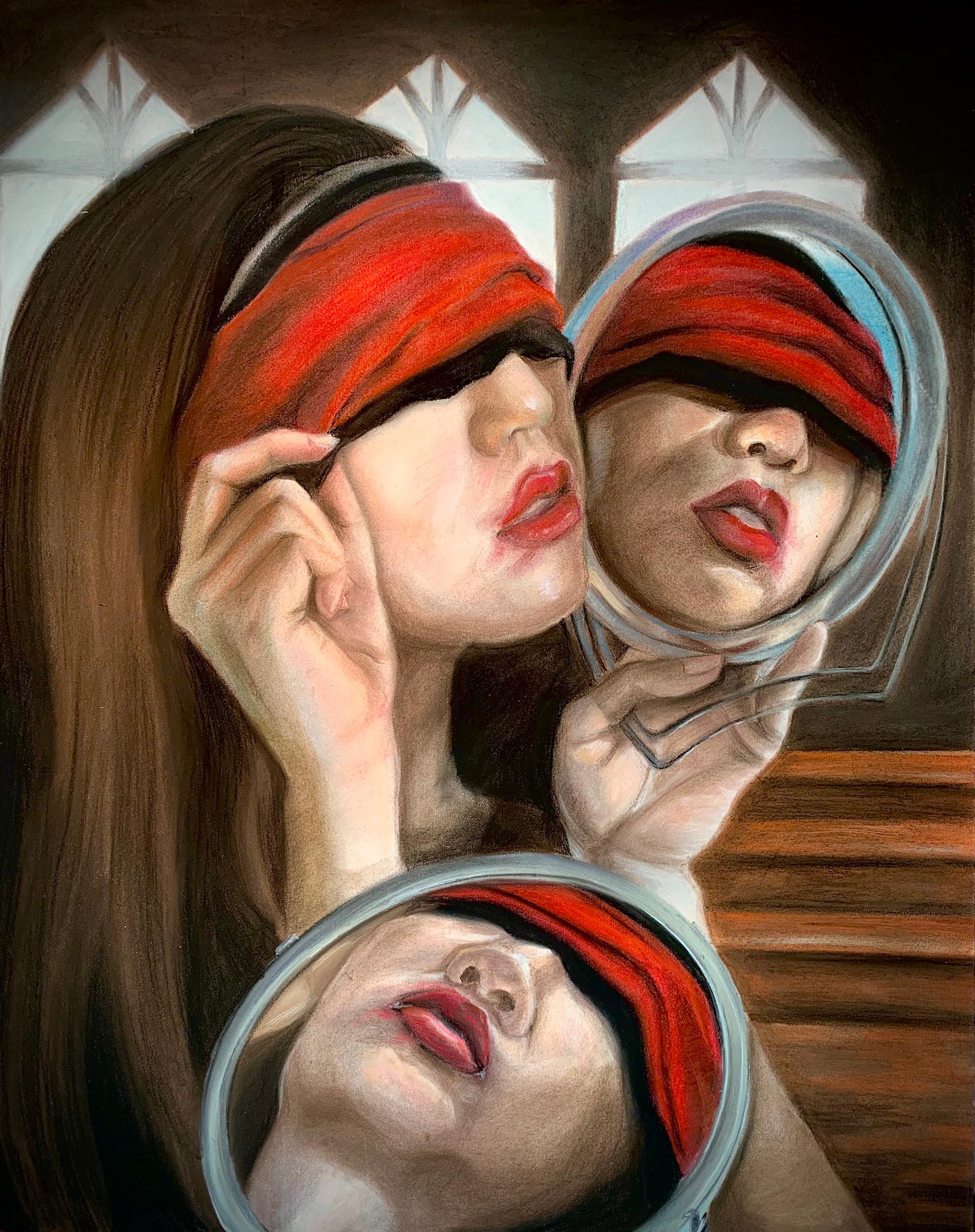 A woman in a red blindfold reflected in several mirrors
