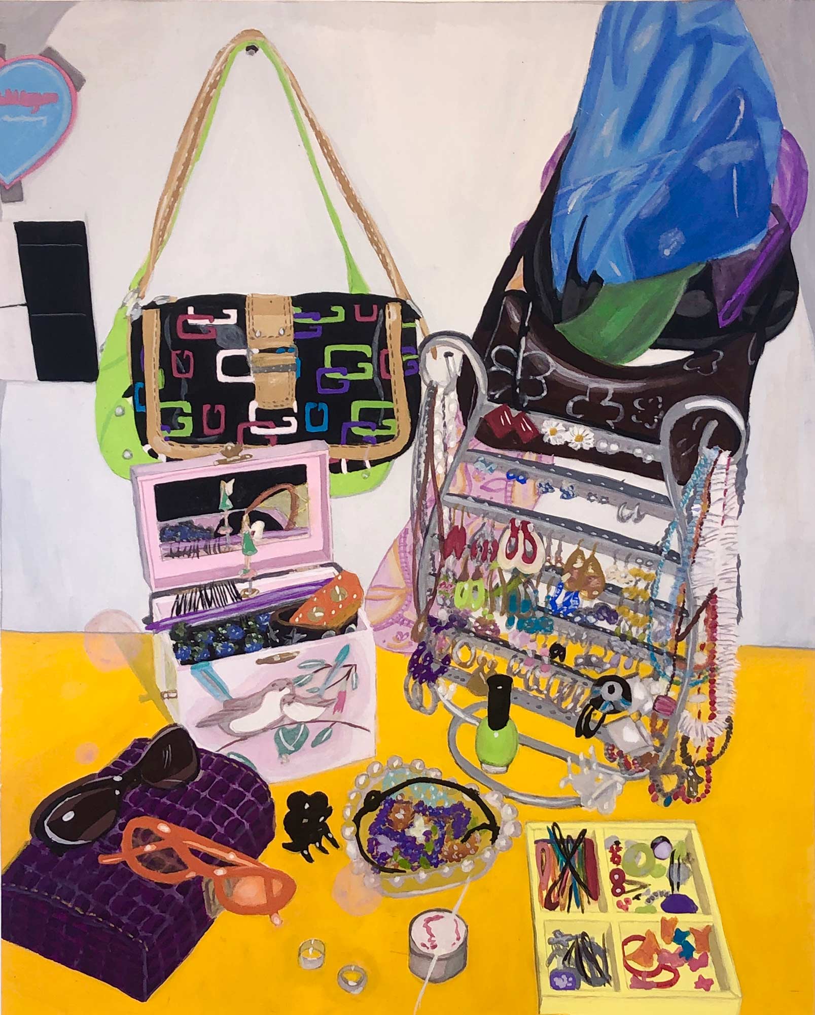 A painting of items and accessories in a bedroom