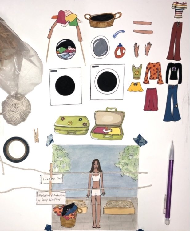 A drawing of a young woman and her belongings