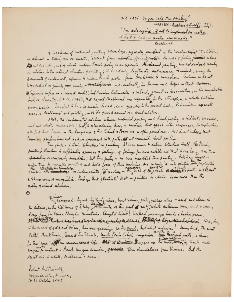 Draft of “Preliminary Notes to Marcel Raymond, “From Baudelaire to Surrealism”, 1949