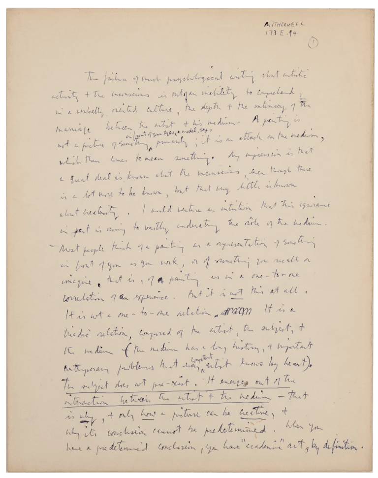 A page from Motherwell's handwritten draft of "A Process of Painting", 1963