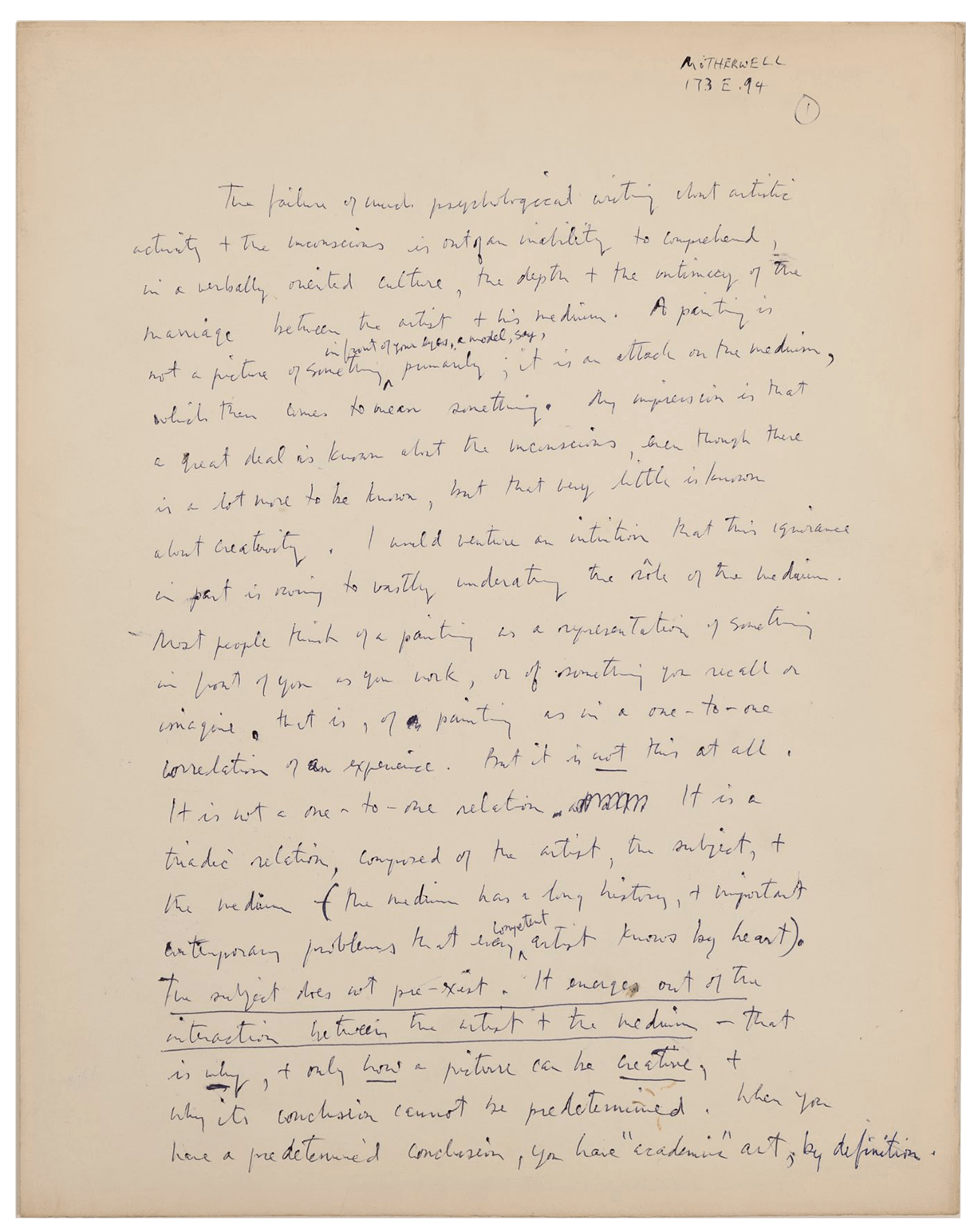 A page from Motherwell's handwritten draft of "A Process of Painting", 1963