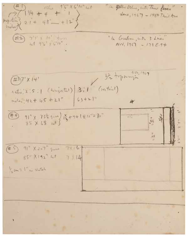 A paper with dimensions and sketches for proposed Open Series Paintings