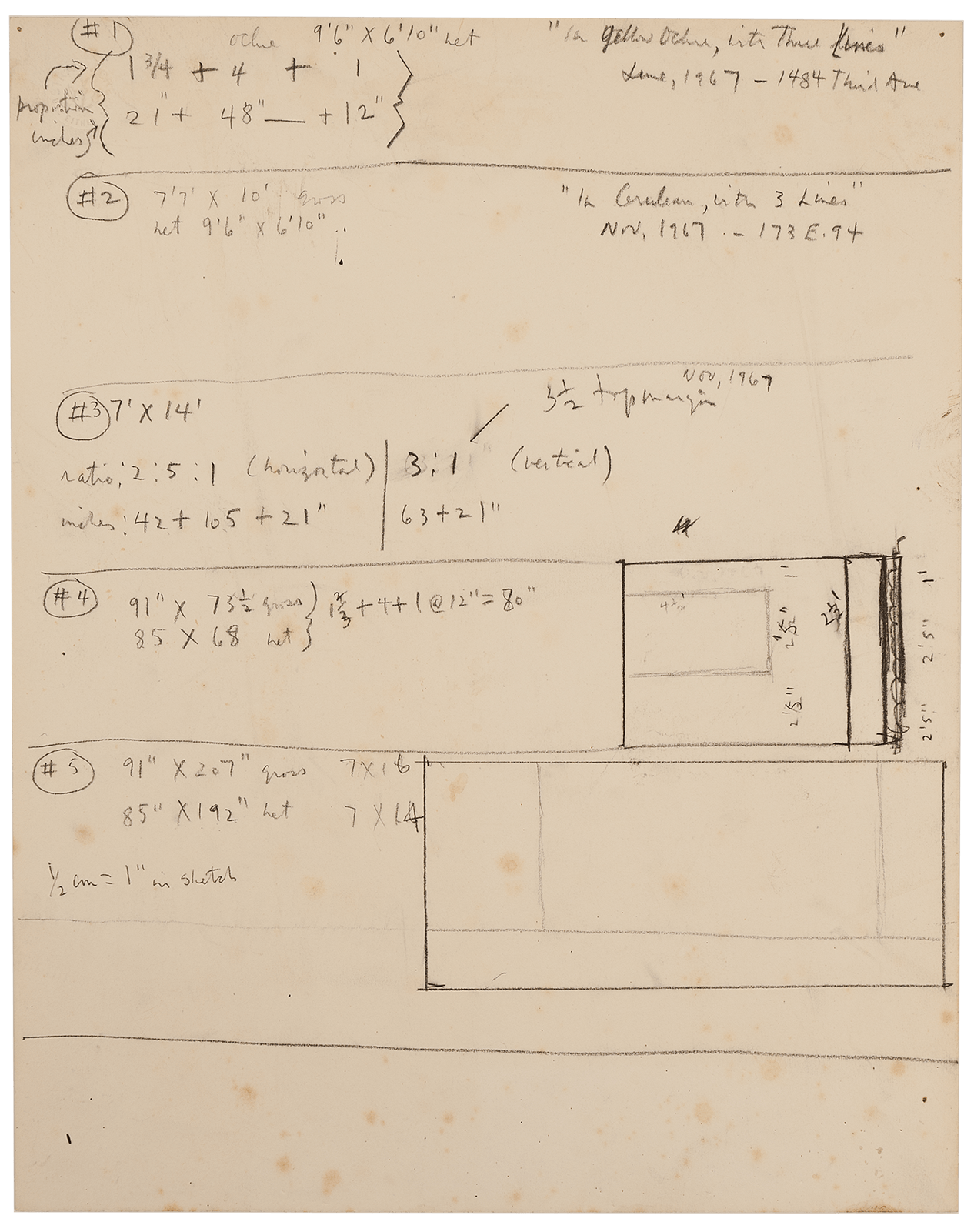 A paper with dimensions and sketches for proposed Open Series Paintings