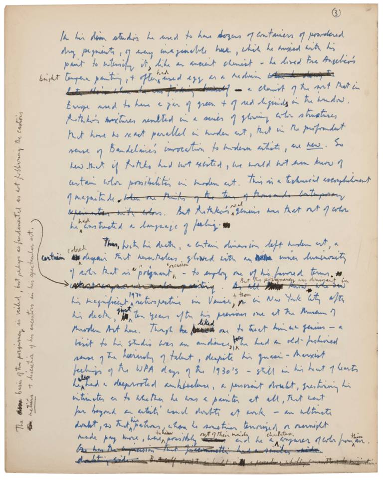 A page from Motherwell's handwritten draft of "On Rothko", 1970