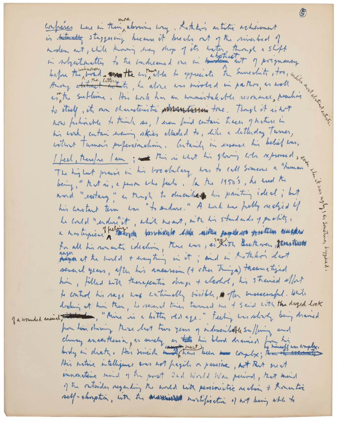 A page from Motherwell's handwritten draft of "On Rothko", 1970