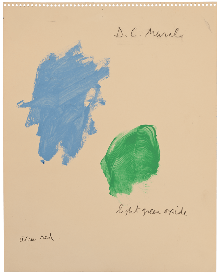 A page that reads "D.C. Mural" with color tests of blue and light green oxide paint.