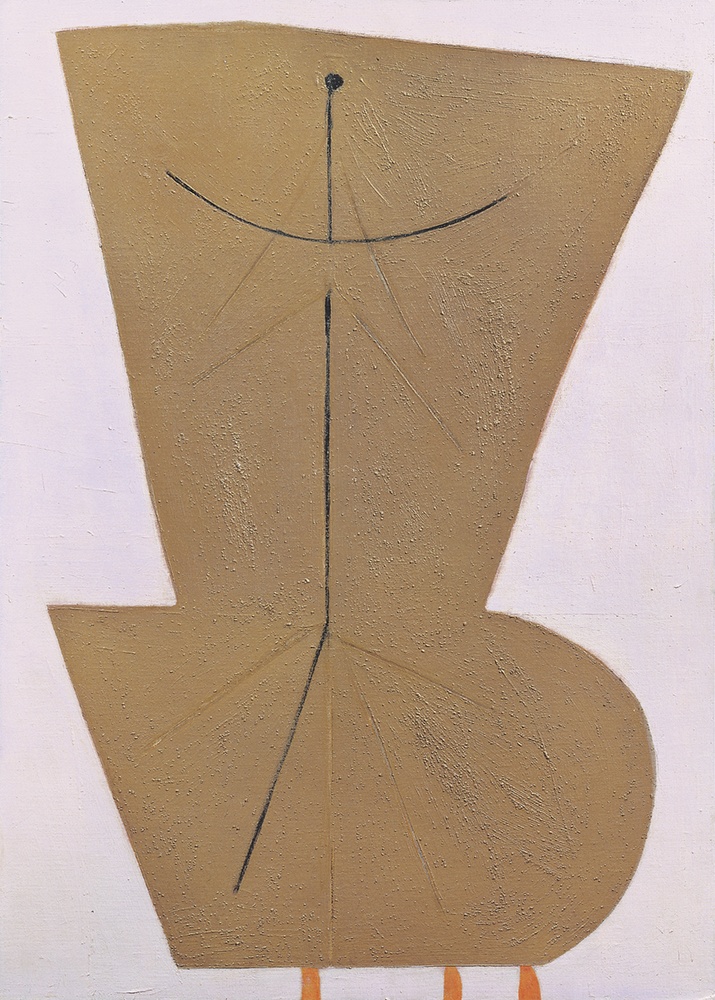 a painting of tan figure on a light pink ground