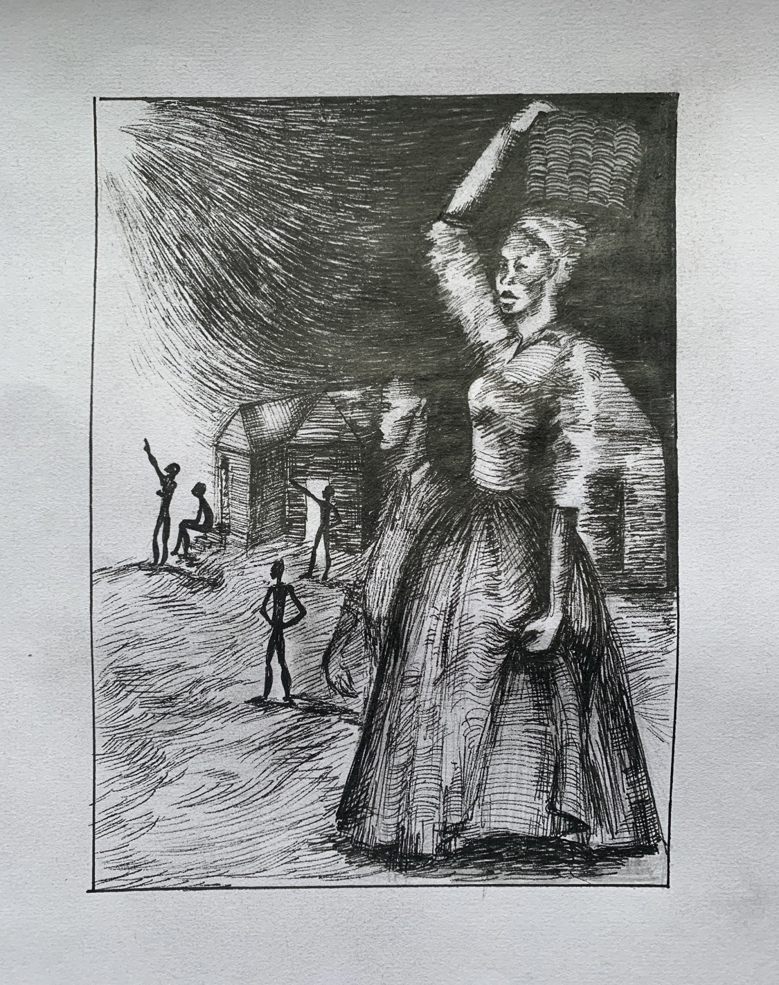 An etching of a woman in a long dress