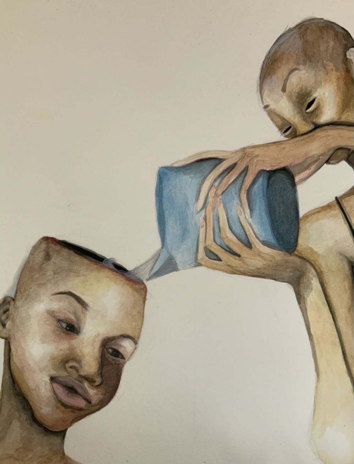 A painting of a person pouring liquid into another person's open head