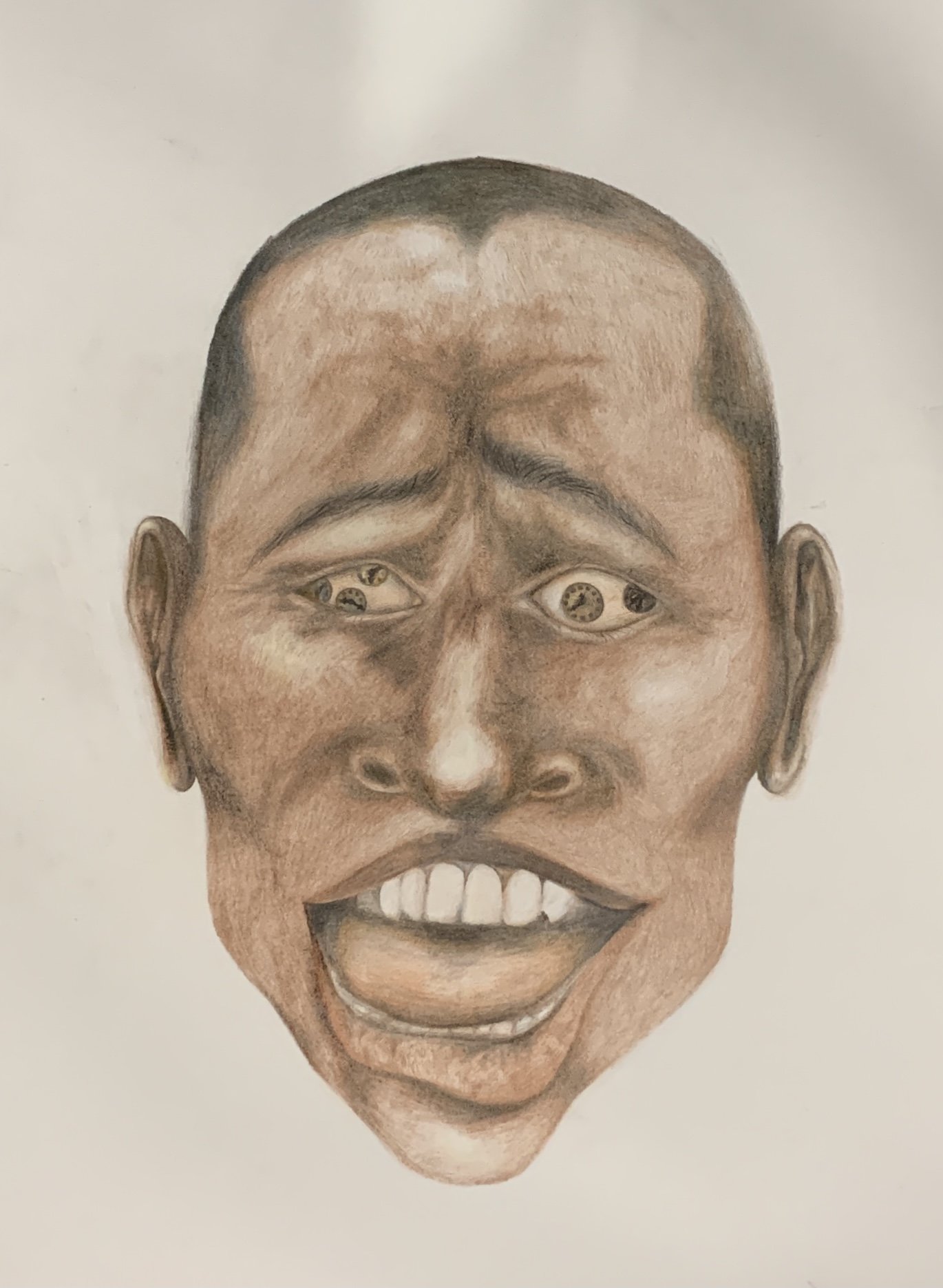 An illustration of a man's face with clocks in his eyes