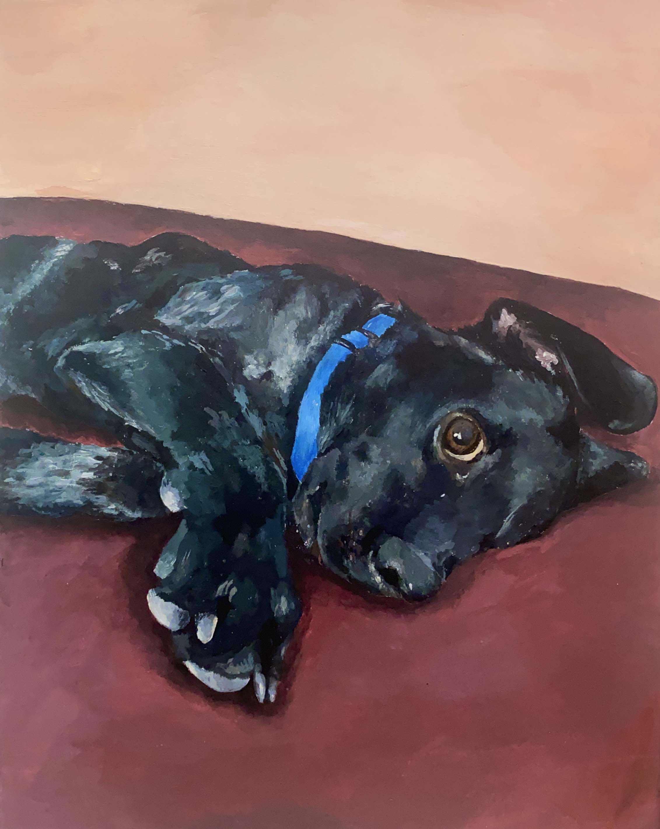 A painting of a black dog
