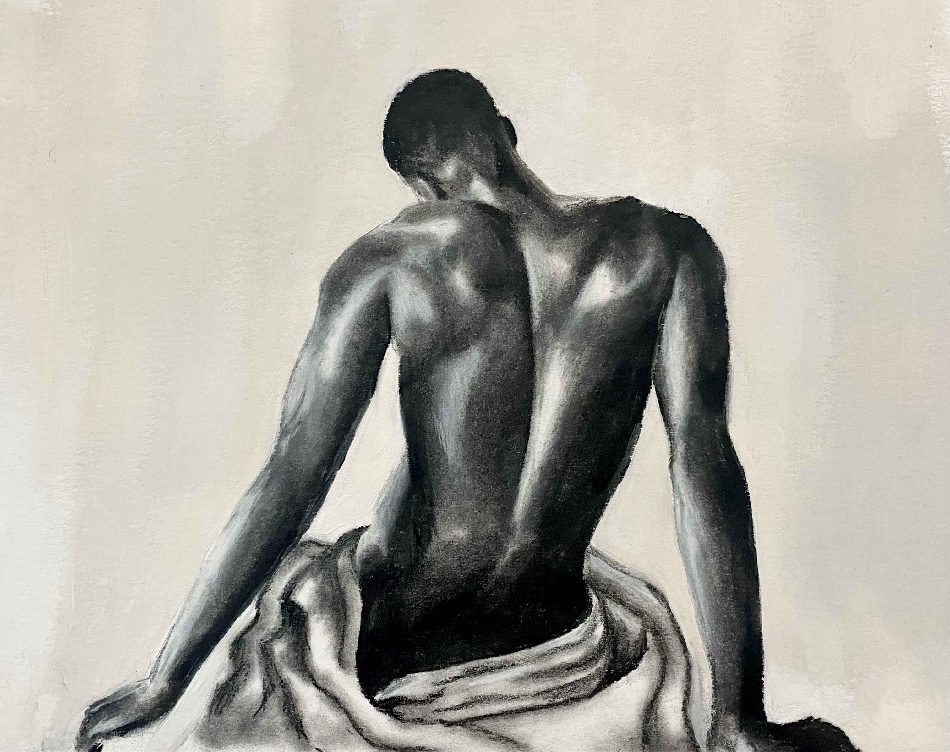 A charcoal drawing of a man's back