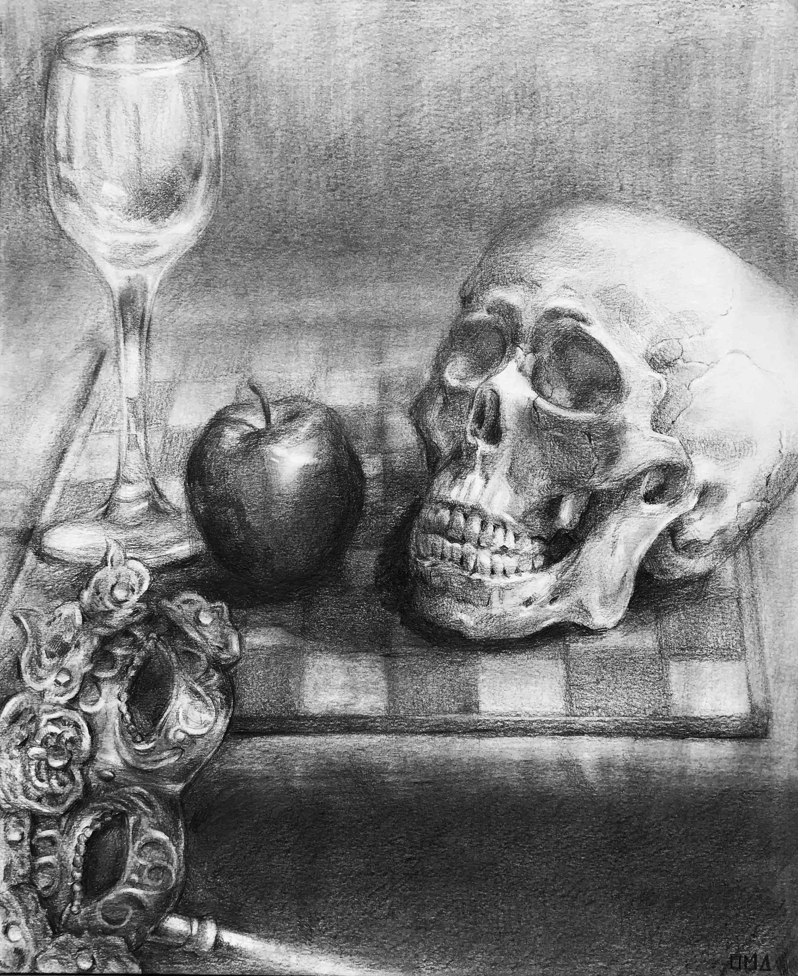 A still life drawing containing a skull