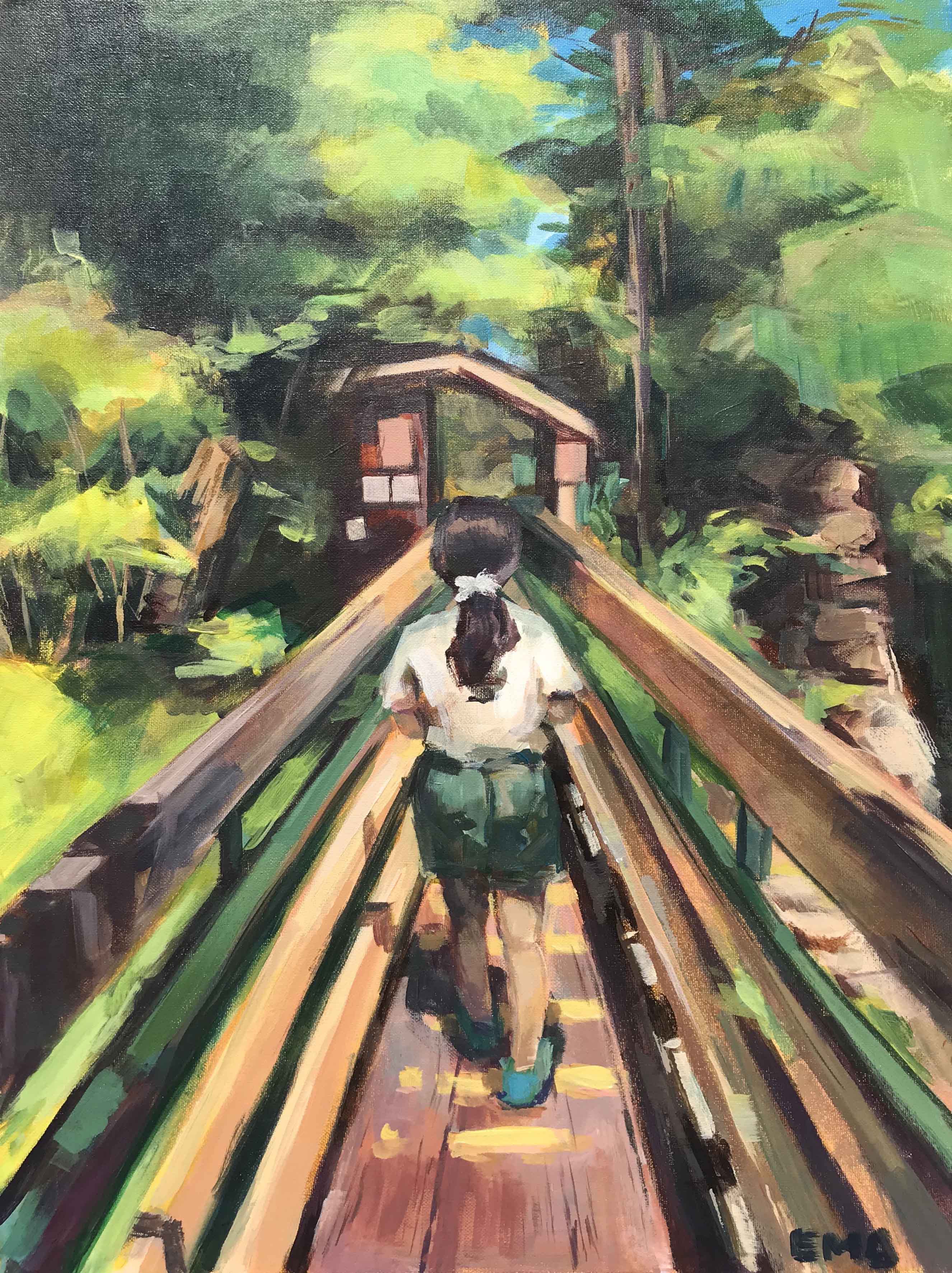 A painting of a woman on a wooden pedestrian bridge