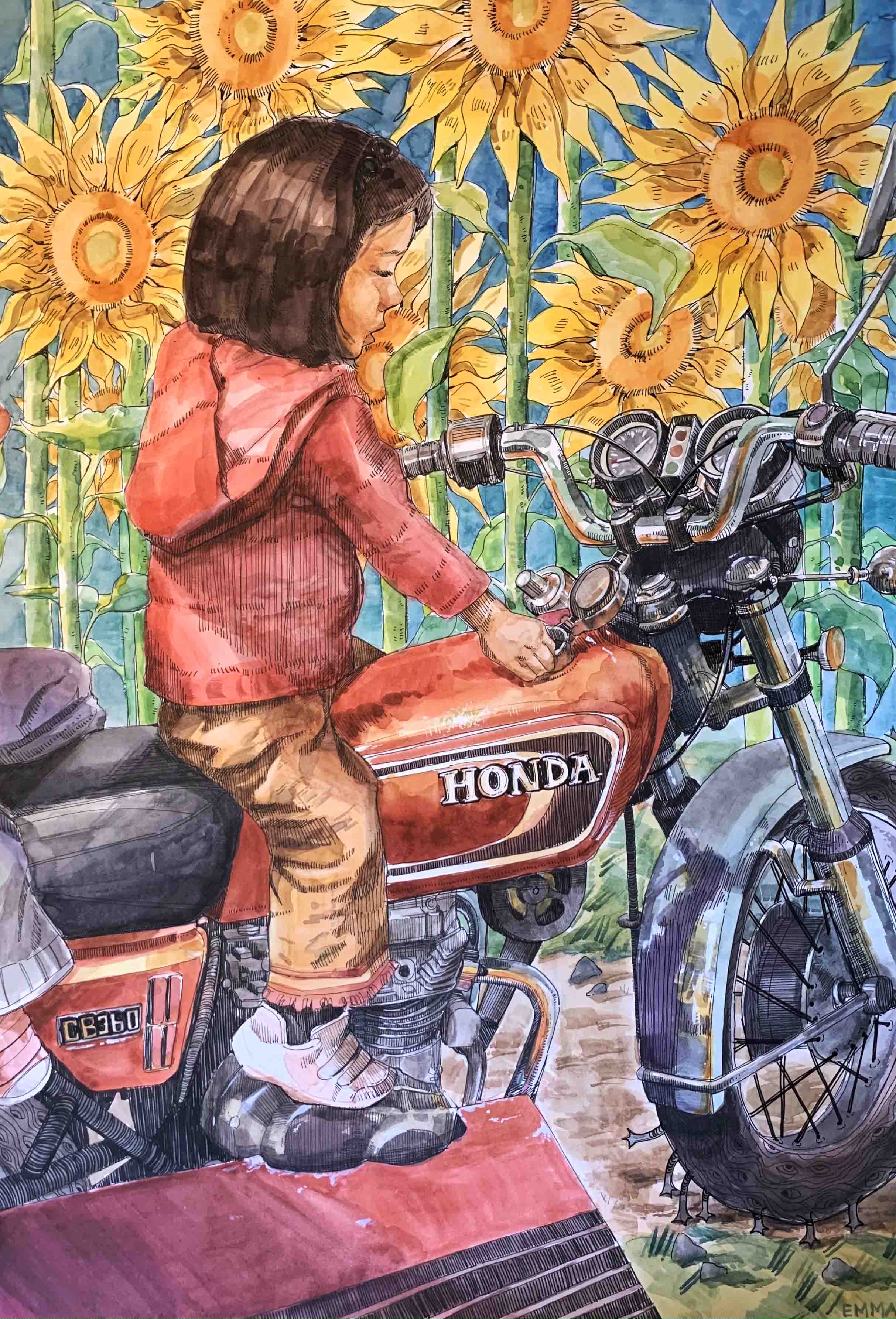 A watercolor painting of a young girl on a motorcycle