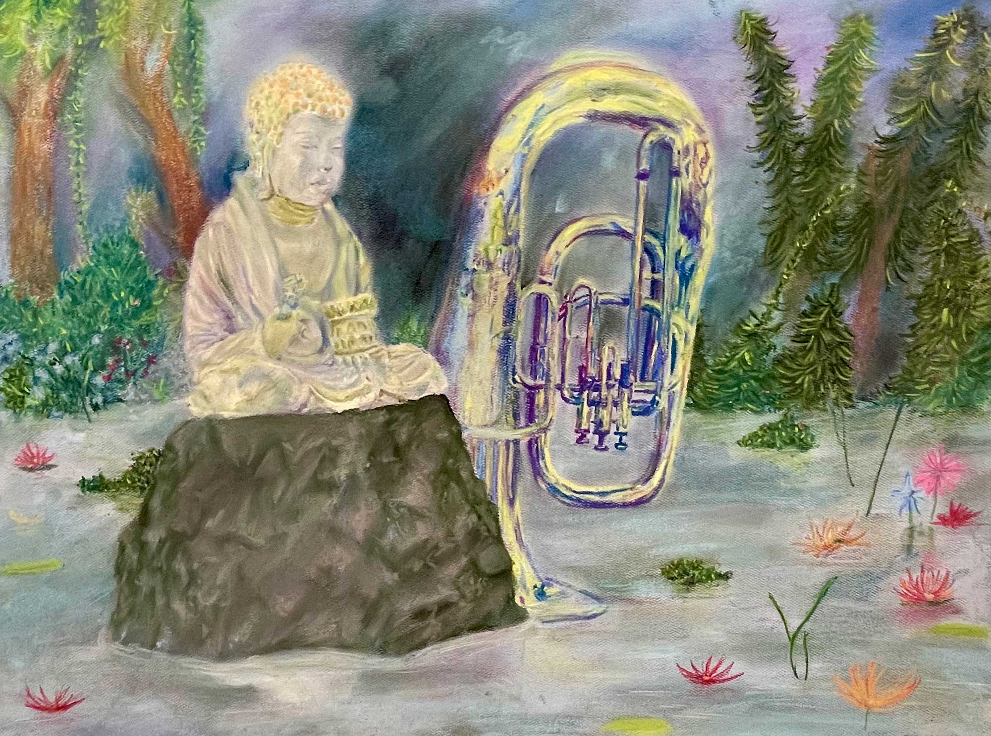 A still life with a buddha and baritone