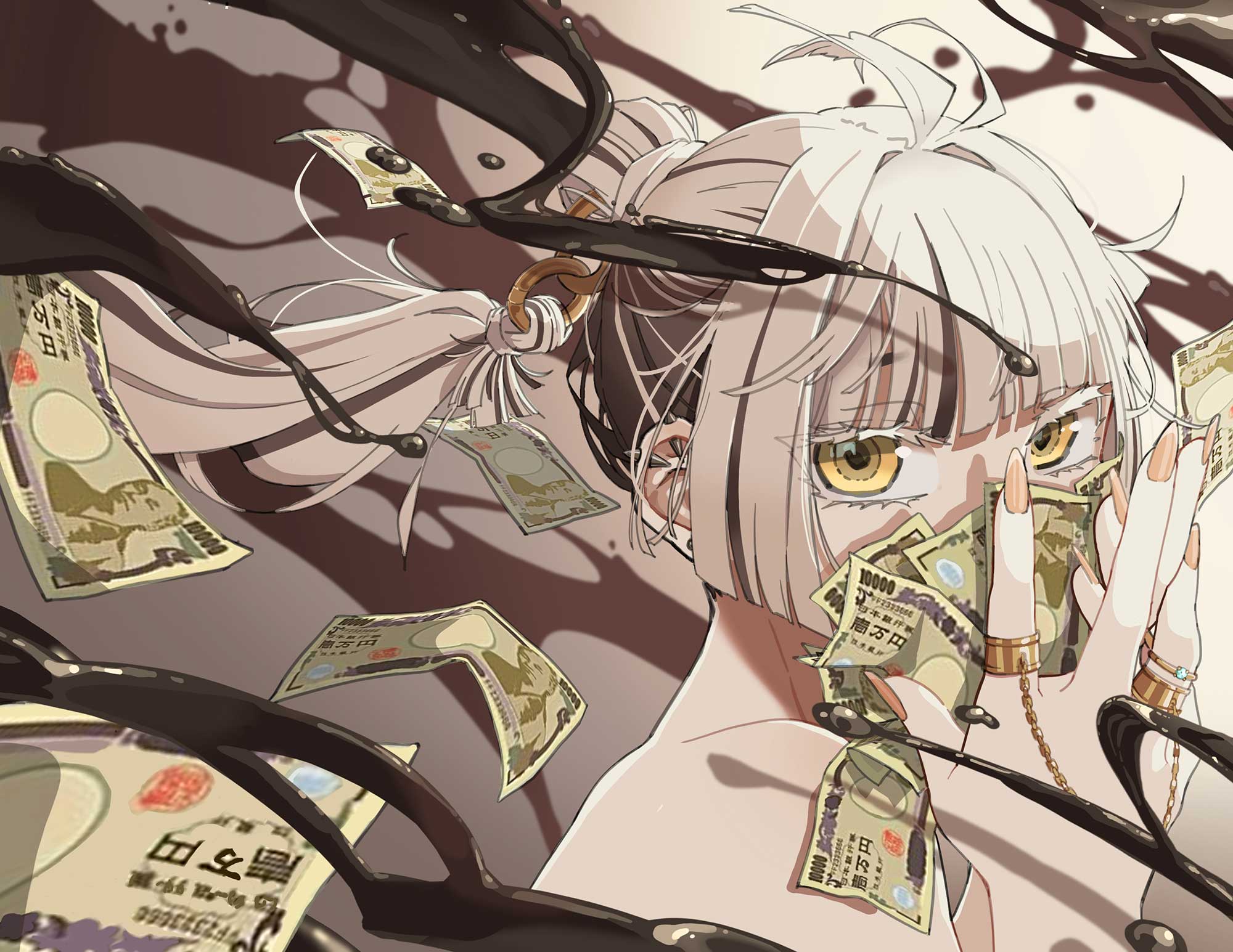 A digital drawing of a girl with currency