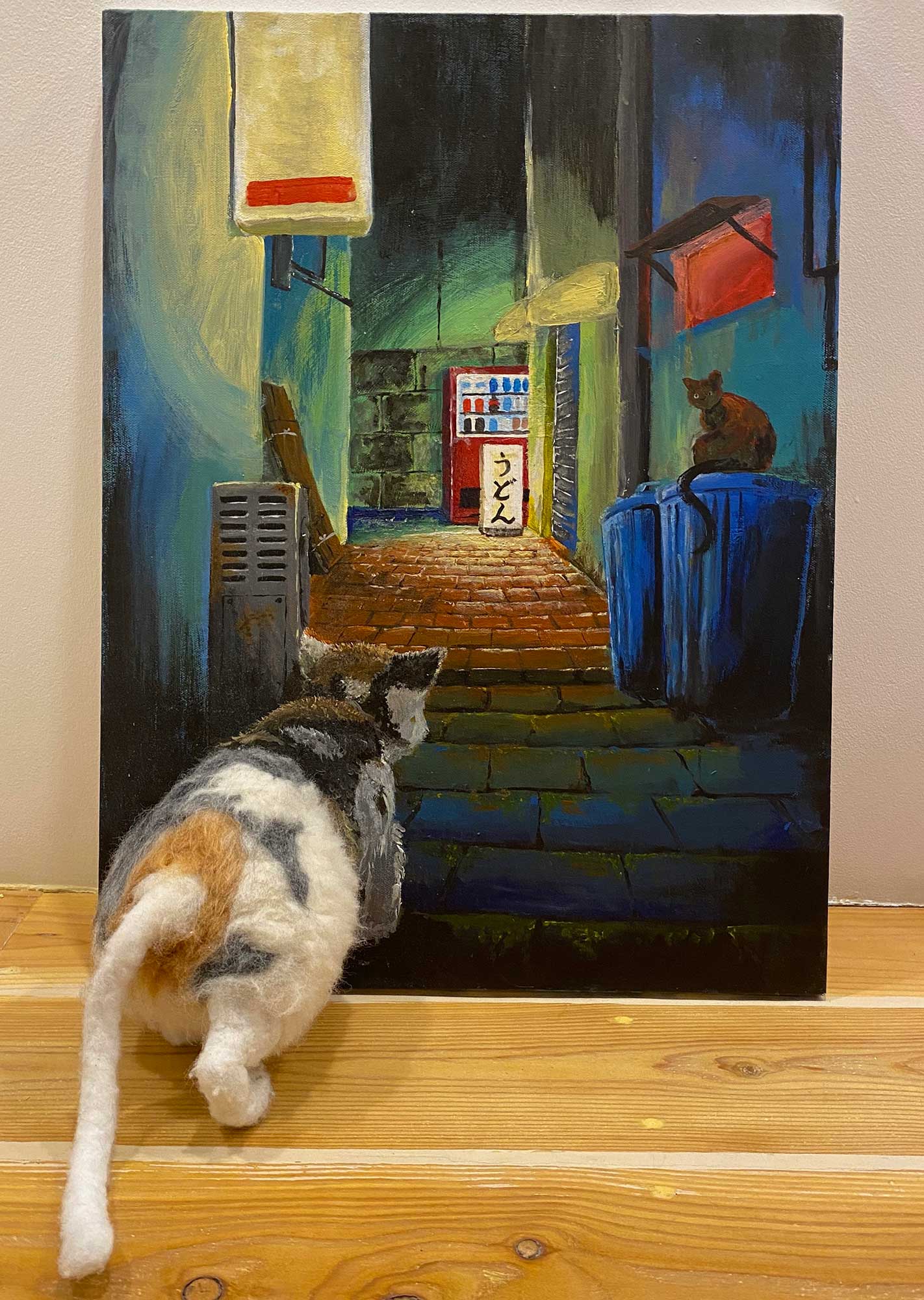 A painting of a city street with a cat