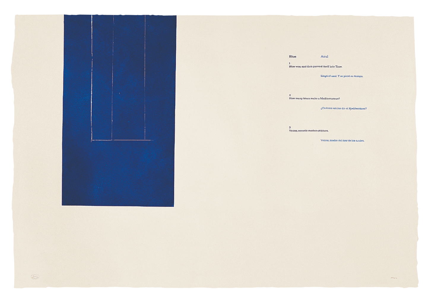 A la pintura: Blue 1-3, 1972. Aquatint, lift-ground etching, and letterpress on paper, 25 ½ x 38 inches (64.8 x 96.5 cm)