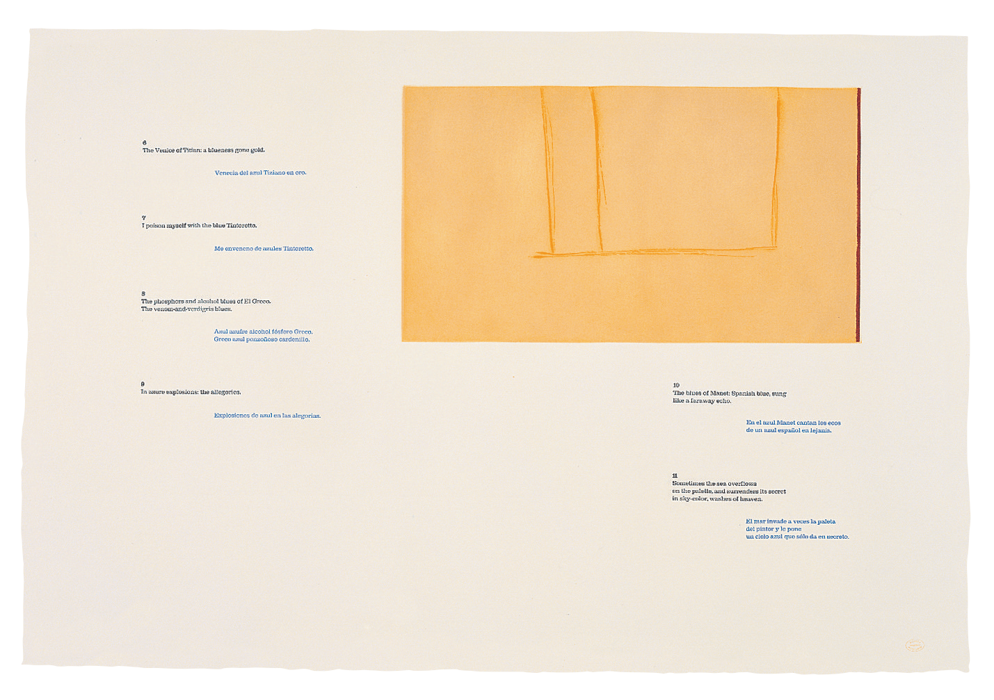A la pintura Blue 6-11, 1972. Brushed aquatint, aquatint, lift-ground etching and aquatint, and letterpress on paper, 25 ½ x 38 inches (64.8 x 96.5 cm)